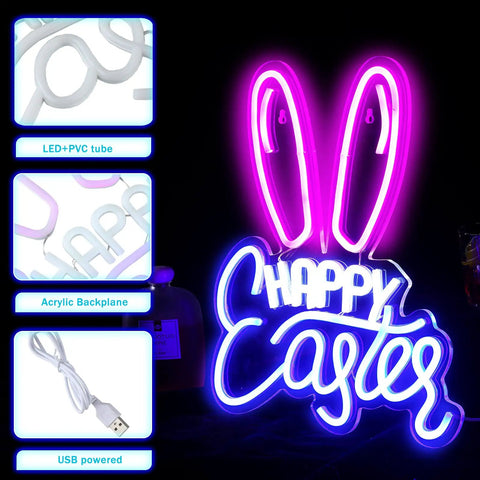 Easter Bunny Ears Neon Sign LED Light USB Powered Wall Decor for living room and parties in purple and white, 14.57x12.6 inches
