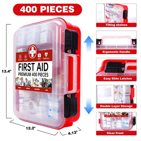 TLIEAO 400-piece all-purpose first aid kit in red transparent wall-mount case with dual-layer storage