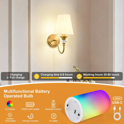 Battery Operated Wall Sconces Set of 2,Rechargeable Wireless Wall Sconces with 10000mAh RGB Dimmable Bulb and Remote,Gold sconce with white shade on wall.