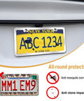 Stainless Steel License Plate Frame And Cover Kit With Clear Flat Shield installed on vehicle rear, featuring New York plate.