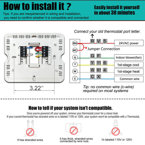 Installation diagram for 5-1-1 Day Programmable Thermostat For Home Heating And Cooling With 1 Heat 1 Cool Conventional Single Stage Systems