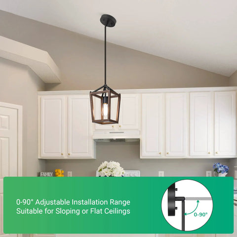 Farmhouse Pendant Light For Kitchen Island One Light Rustic Wood Cage Fixture With Brown Finish Adjustable Ceiling Install
