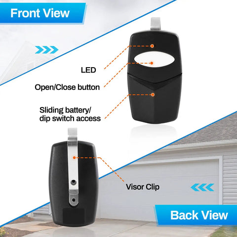 Garage Door Remote 310 MHz With 8 DIP Switches Dual Transmitters And 2 Visor Clips No Fuss Replacement For DTD DNT00002A DNT00017A DT DTA DT2D Gate Opener Transmitter Works With Linear Delta 3 Systems, showing front and back view.