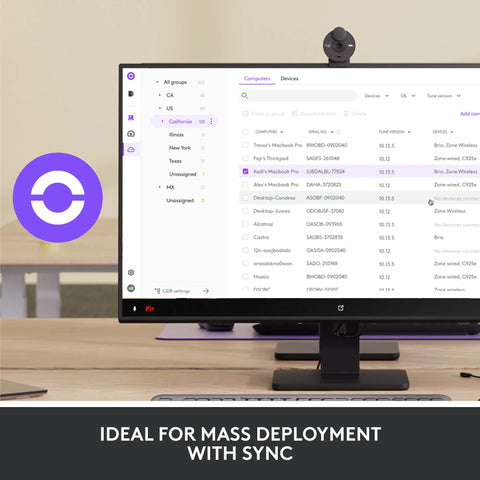 Full HD 1080P Business Webcam With Wide Angle Lens And Sliding Privacy Shutter Zoom Microsoft Teams Certified mounted on a desktop.