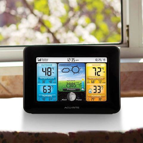 Wireless Home Weather Station With Color Display Indoor Outdoor Thermometer And Temperature Sensor on windowsill