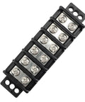 Heavy Duty Double Row Terminal Blocks For 10 To 22 AWG Wiring Stainless Steel Housing 600 Volt 30 Amp Rated Knockout Circuit Connectors view showing connectors in black base.