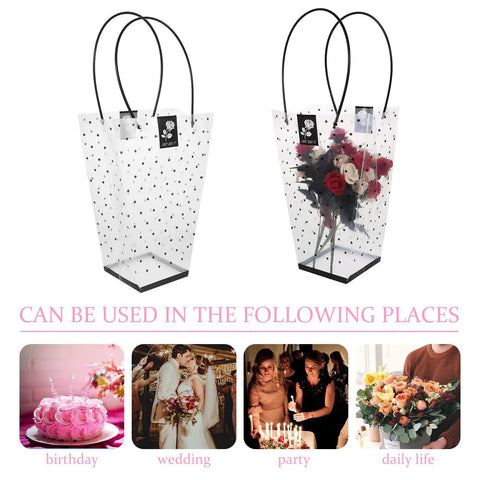 Plastic Bouquet Bags With Handles For Flower Packaging, transparent bags with flowers and dotted design, wedding and party use.