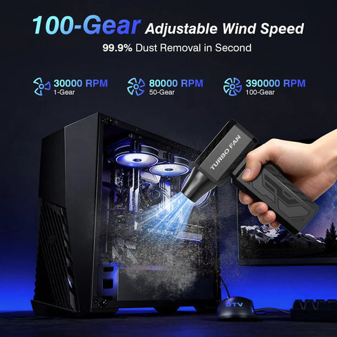 Beast Mode Cordless Air Blower With Brushless Motor Ultra Powerful 390000RPM Duster cleaning a PC with stepless adjustable speed.