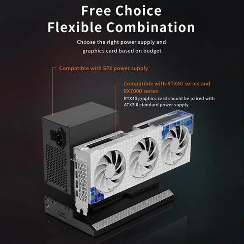Plug And Play External Gpu Dock For Laptop Graphics Card Expansion PCIE Enclosure showing SFX power supply compatibility and GPU.