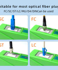 Front view of Cruiser optical fiber connector cleaner cassette cleaning SC/FC/ST/LC connectors on a green device.