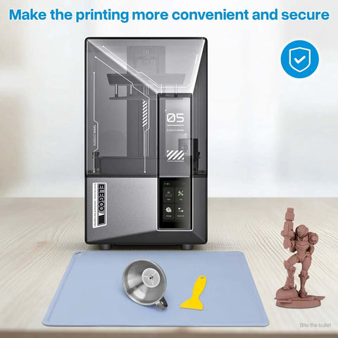 Silicone Resin Printing Mat 400x300mm 2.8mm Thick For LCD 3D Printers shown with tools and a printed figure