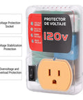 Heavy Duty Automatic Voltage Protector With Over And Under Voltage Cutoff Surge Shield For Fridge And AC And Home Electronics, transparent casing and socket.