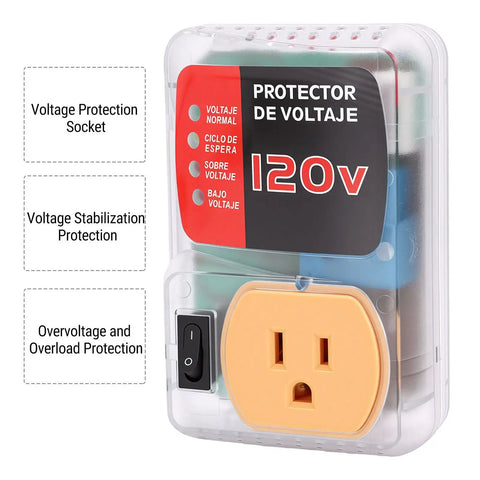 Heavy Duty Automatic Voltage Protector With Over And Under Voltage Cutoff Surge Shield For Fridge And AC And Home Electronics, transparent casing and socket.