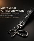 Legit Faith Driven Christian Cross Leather Keychain For Men, black faux leather key ring with scripture and metal clasp.