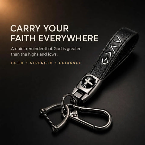 Legit Faith Driven Christian Cross Leather Keychain For Men, black faux leather key ring with scripture and metal clasp.