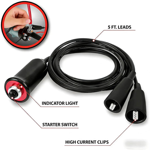 Heavy Duty 12V Remote Starter Switch Push Button With 5Ft Wire And Alligator Clips For Cars Trucks RVs ATVs Marine Autostart High Current Automotive Grade Oil And Grease Resistant Build Long Lasting Performance, black switch with indicator light and clips