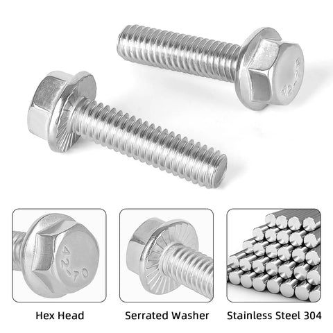 Two 1/4-20 x 1 in stainless steel 304 flanged hex bolts with full threads and serrated washers
