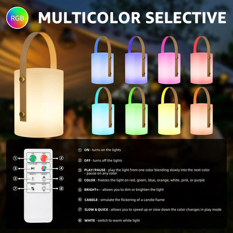Cordless LED Lantern Table Lamp With Remote, IP44 Shower Safe And Waterproof, showing multicolor RGB and dimmable modes
