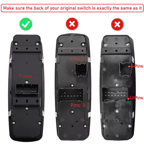 Power Window Control Switch Driver Side Fits 2011 Through 2021 Jeep Grand Cherokee Bezel Replacement Not For Vehicles With Power Folding Mirrors Easy Install Durable Window Button For Smooth Operation, 11-pin back view