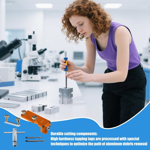 Woman using Rock Solid Aluminum Extrusion Drill Jig Snag for precision tapping on metal block in lab setting.
