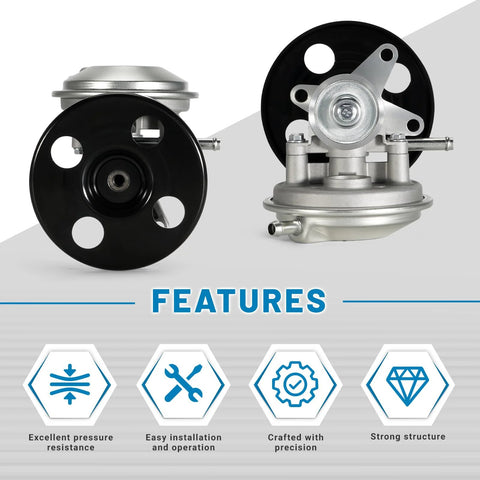 Aumzong vacuum pump with pulley for Isuzu NPR series; front and side views show metal housing and black pulley.
