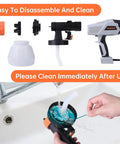 Pro Grade HVLP Paint Sprayer Kit with 1300ml Cup showing disassembled parts and cleaning process, easy to clean design