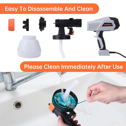 Pro Grade HVLP Paint Sprayer Kit with 1300ml Cup showing disassembled parts and cleaning process, easy to clean design