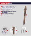 Stainless Steel Hand Weeder Fork For Easy Weeding And Soil Aeration, Durable Gardening Tool with ergonomic wooden handle and three prongs.