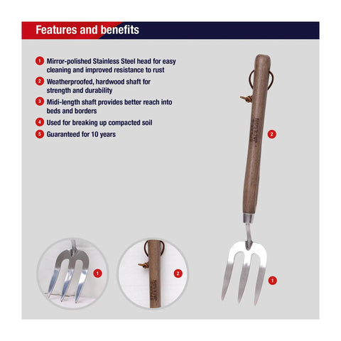 Stainless Steel Hand Weeder Fork For Easy Weeding And Soil Aeration, Durable Gardening Tool with ergonomic wooden handle and three prongs.