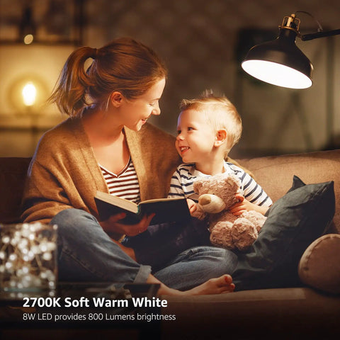Family reading under warm light with Vintage Style Dimmable LED Filament Bulbs 8W 800LM 60W Equivalent A19 E26 Base Clear Glass 2700K.