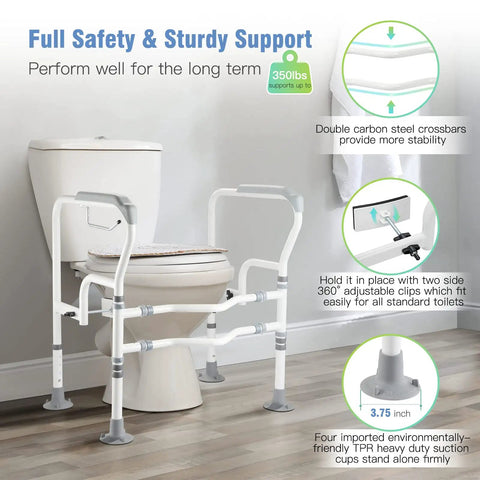 Foldable Toilet Safety Rail With Adjustable Height And Width Sturdy Carbon Steel Frame Built In Paper Holder Storage Bag And Anti Slip Mat Supports Up To 350 Lbs Ideal For Safe Independent Bathroom Access On Most Toilets with diagrams and measurements.