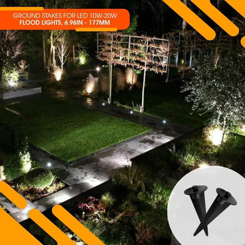 Two Pack Metal Ground Stakes For LED Flood Lights 10W To 100W Outdoor Mounts For Gardens Yards And Landscape Lighting
