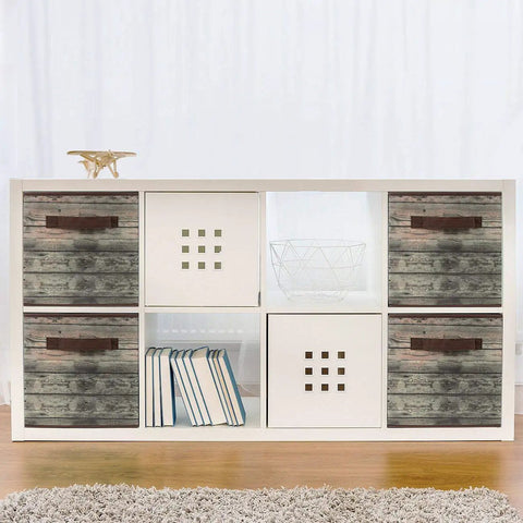 Foldable Storage Cube Baskets 4 Pack In Rustic Brown Wood Grain Finish arranged in a white shelving unit for home storage.
