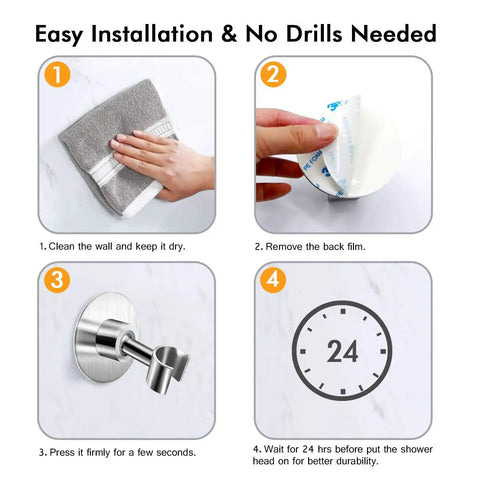 Installation guide for Sturdy Stainless Steel Shower Head Holder With 360 Degree Spin Adhesive Wall Mount Bracket For Handheld Shower Heads