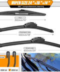 Diagram showing 24 and 18-inch front windshield wiper blades and 14-inch rear wiper replacement for Hyundai Santa Fe and Mazda CX5.