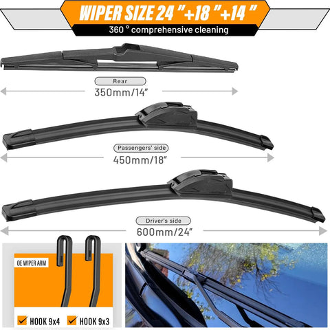 Diagram showing 24 and 18-inch front windshield wiper blades and 14-inch rear wiper replacement for Hyundai Santa Fe and Mazda CX5.