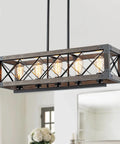 Modern Black Linear Pendant Light Four Light Fixture With Industrial Geometric Open Rectangle Frame And Antique Brass Sockets