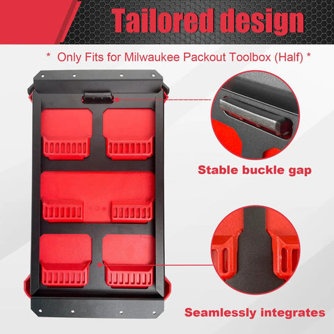 2 Pcs Aluminum Mounting Plates For Packout Toolbox, black and red half plate design with buckle gap details.