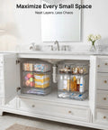 Clear Stackable Storage Drawers Set Of 5 Plastic Organizer Bins With Built In Handles For Countertop Space Saving Storage organized under a sink.