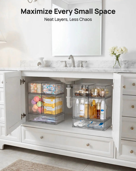 Clear Stackable Storage Drawers Set Of 5 Plastic Organizer Bins With Built In Handles For Countertop Space Saving Storage organized under a sink.