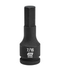 3/8 Inch Drive Hex Bit Impact SAE Socket 7/16 Inch Heavy Duty Cr-Mo Steel With Pin Retention Hole And Manganese Phosphate Finish