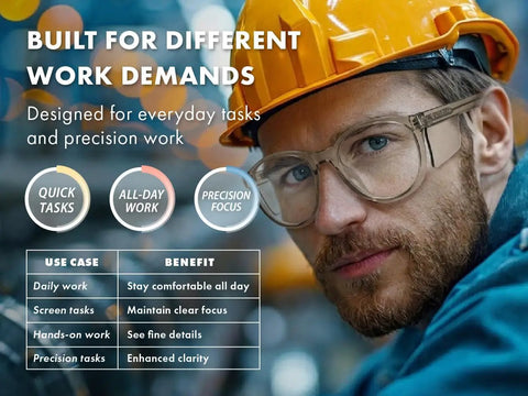 Built Tough Z87 Plus Safety Reading Glasses With Heavy Duty Side Shields And UV400 Blockers Cold Brew worn by a man in a helmet.