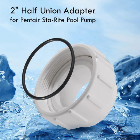 White 2-inch half-union heater adapter with black O-ring seal for pool pumps.