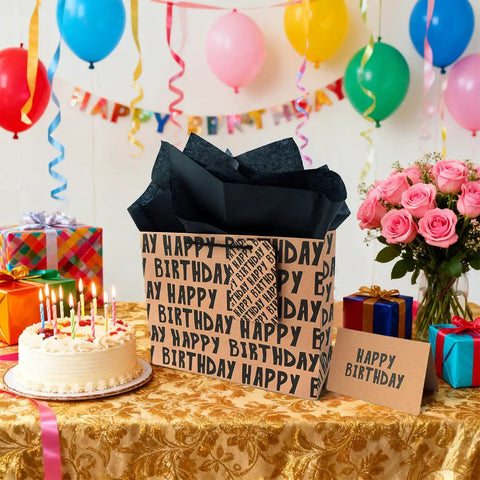 Large Kraft Birthday Gift Bag Set With Classic Black Happy Birthday Lettering Includes Greeting Card Hang Tag Kraft Envelope And Tissue Paper All In One Gift Kit For Men Boys And Kids on decorated table with balloons and cake.