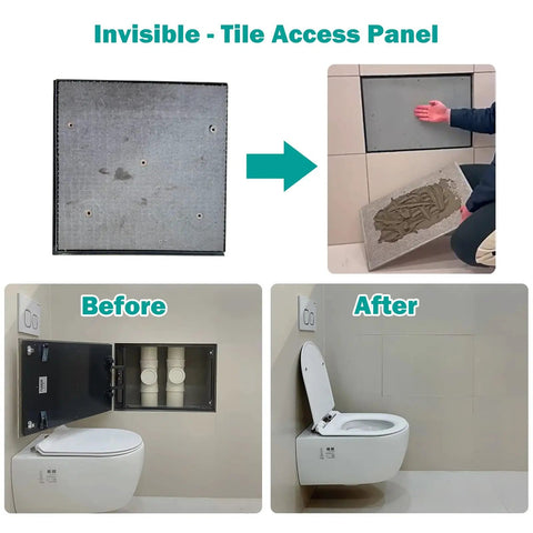 Rock Solid Invisible Drywall Access Panel Kit Featuring Slick Steel Build And Effortless Press To Pop Opening For Concealing Pipes Cables And Utility Wall Coverage in before and after setup.