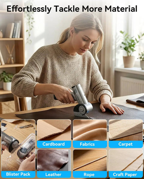 Get Electric Box Cutter At 320Rpm Speed, cutting leather on a table, showcasing ergonomic design and adjustable settings.