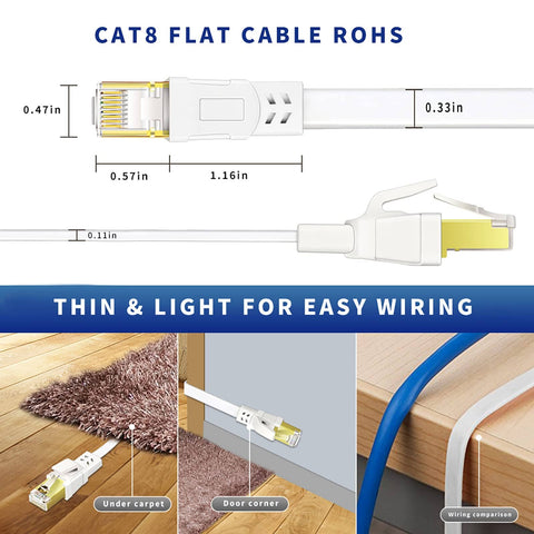 Cat8 Ethernet Cable 25 Ft Flat Outdoor Indoor High Speed 2000MHz 40Gbps Gold Plated RJ45 Weatherproof UV Resistant for Gaming