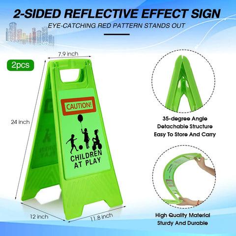 Two Pack Reflective Kids Playing Sign 24 Inch Double Sided Slow Down Kids At Play Board With Portable Handle For Street Neighborhood School Park Sidewalk Green