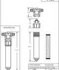 Technical drawing of Under Sink Inline Water Filter Kit With Carbon Block Cartridge For Instant Hot Or Pure Water Dispensers Anti Scale Taste Enhancer 1 GPM Flow Screw Mounted Filter Head Three Eighth Inch Inlet Fittings No Brainer Install, showing dimensions and assembly.