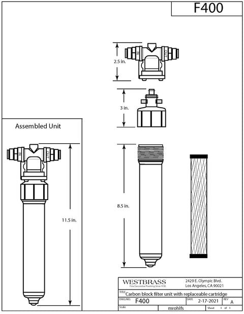 Technical drawing of Under Sink Inline Water Filter Kit With Carbon Block Cartridge For Instant Hot Or Pure Water Dispensers Anti Scale Taste Enhancer 1 GPM Flow Screw Mounted Filter Head Three Eighth Inch Inlet Fittings No Brainer Install, showing dimensions and assembly.